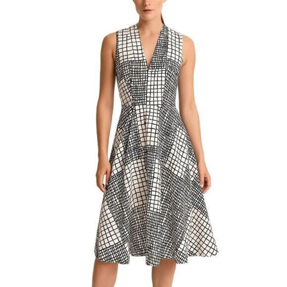 L.K. Bennett Sleeveless Fit & Flare Dress Black White Grid Print size 2